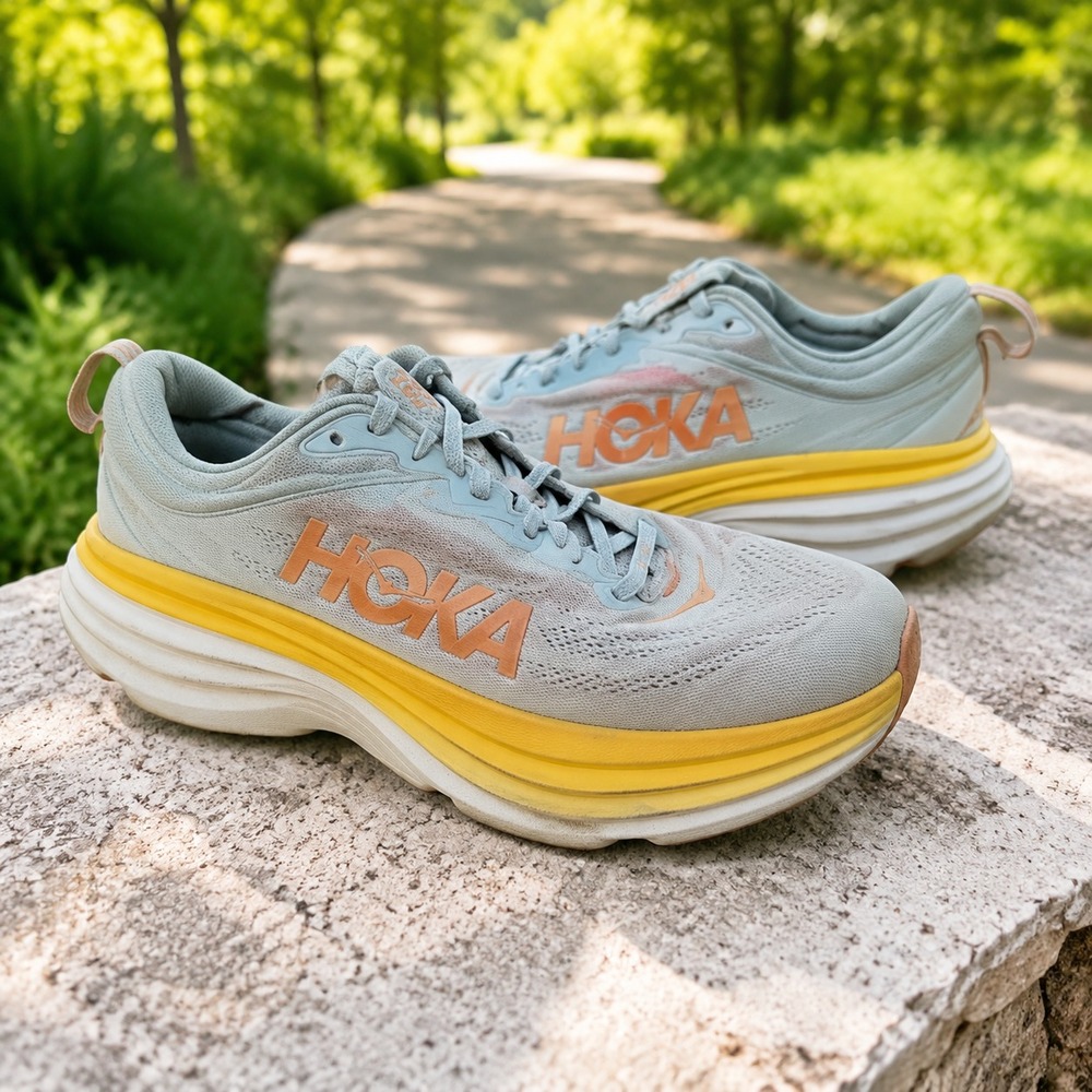 HOKA Bondi 8 Women's Size 11B Gray Peach Yellow Running Walking Shoes